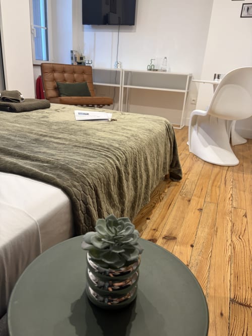 Chambre Suite Moderne à la Maison Farol avec plante succulente, planchers bois et vue sur la ville à Salles