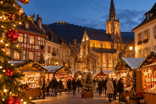 Marché de Noël à Cernay avec église illuminée, petits chalets festifs et décors festifs au crépuscule