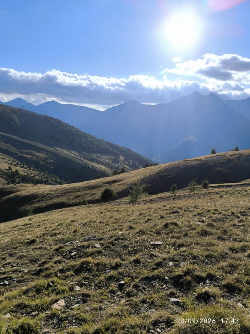 Prairie alpine avec collines ondulées et montagnes près de Les Insolites de la Bastide, Alpes françaises