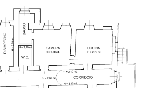 Planimetria dell'appartamento Piano Nobile a Roseto del Drago con camera da letto, cucina, bagno, corridoio e zone living
