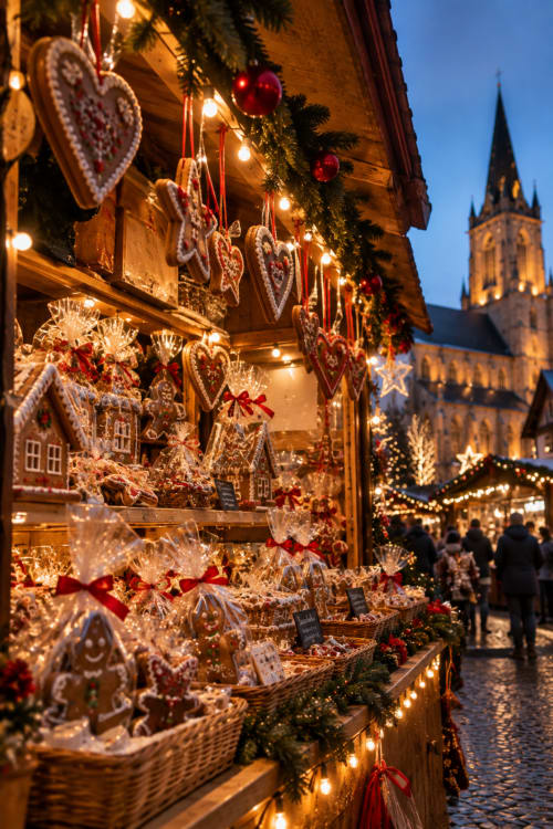 Marché de Noël à Cernay avec cœurs en pain d'épices et clocher de l'église illuminé au crépuscule