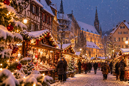 Marché de Noël enneigé en Europe avec lumières scintillantes, maisons à colombages et visiteurs à Cernay