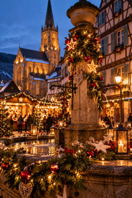 Marché de Noël à Cernay avec église gothique, décoration festive et lumières scintillantes le soir
