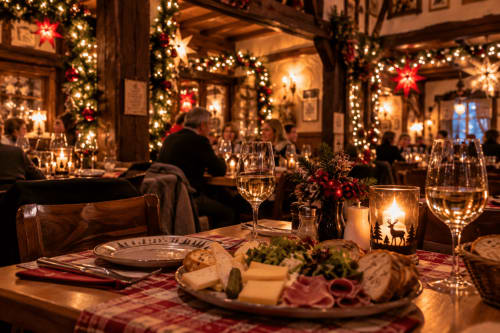 Repas festif aux chandelles chez Théière & Couverts à Cernay, décor de guirlandes et charcuterie raffinée