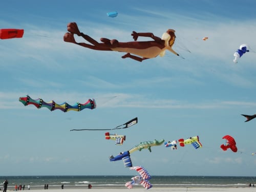 Cerfs-volants colorés survolant la plage près de Beussent, France - idéal pour des loisirs en bord de mer au Gîte Clubhouse