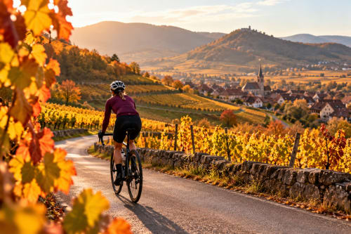 Cycliste traversant les vignobles dorés de l'automne près de Cernay, France, avec l'église du village visible