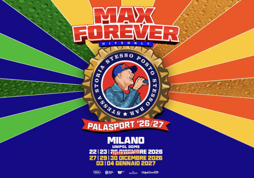 Konzertplakat Max Forever für Milano Palasport 26/27 mit farbenfrohem Strahldesign und Künstlerporträt