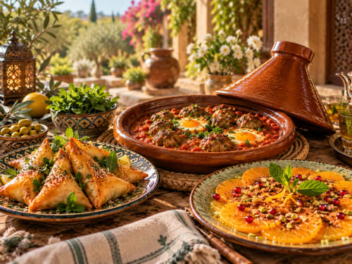 Tajine marocain et plats traditionnels au Jardin Sakina, riad de Marrakech, avec olives et herbes aromatiques en terrasse