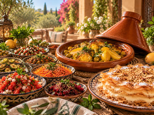 Tajine marocain et plats traditionnels au Jardin Sakina à Marrakech, avec salades colorées et pâtisseries au soleil