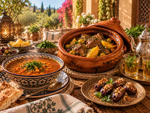 Assortiment de tajine et soupe marocains au Jardin Sakina B&B, Marrakech, avec poterie traditionnelle et cadre de jardin