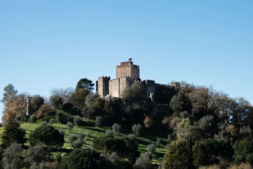 Castelo medieval no topo de uma colina cercado por árvores perto de Pombal, Portugal, lar do hotel Recantos D'Almerinda