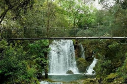Ponte suspensa sobre cachoeira na floresta exuberante de Recantos D'Almerinda, Pombal, Portugal