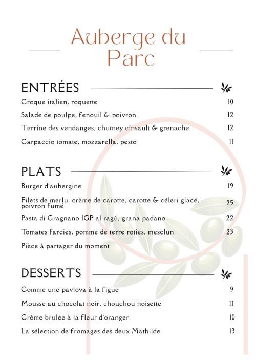 Menu de l'Auberge du Parc Correns proposant une cuisine française avec entrées, plats et desserts