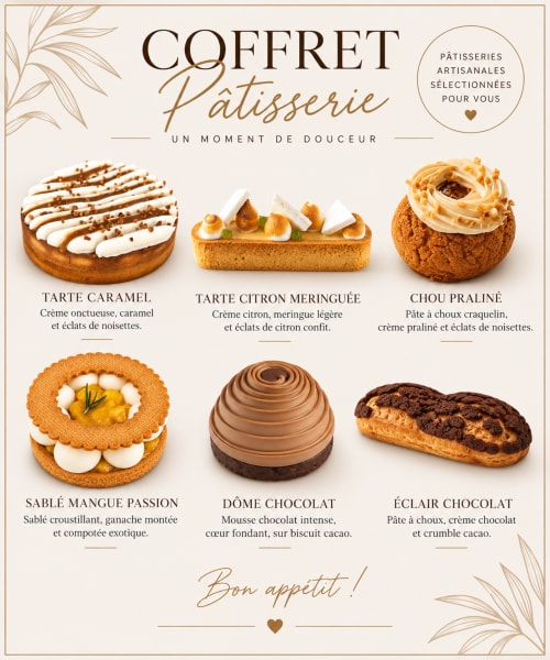 Présentation du Coffret Pâtisserie : six pâtisseries artisanales de la boulangerie de Fort-de-France
