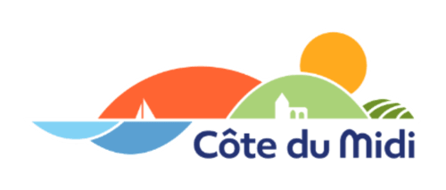 Côte du Midi regional logo with sun, sailboat, architecture and farmland for Domaine Le Piboul, Fontcouverte