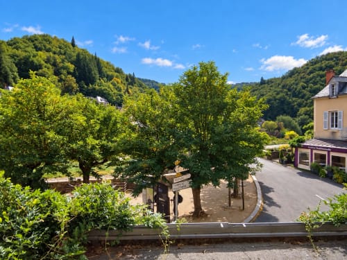 Cour de l'Hôtel du pont d'Estaing avec arbres verdoyants, bâtisse jaune et vue vallonnée à Estaing, France
