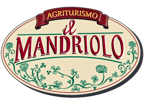 Logo Agriturismo il Mandriolo con ornato disegno floreale in rosso e verde, branding di bed and breakfast rustico italiano