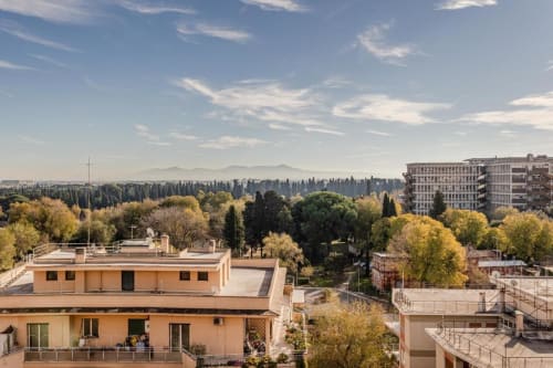 Vista dal tetto dell'Amor Rome Apartment con viali alberati e montagne lontane a Roma