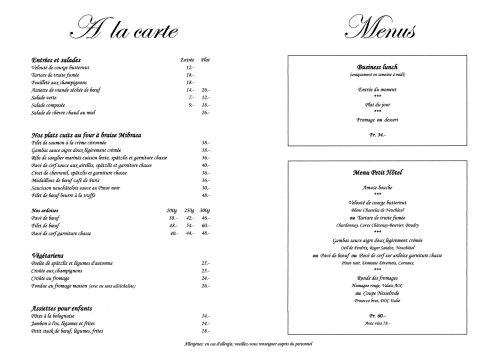 Menu du Petit Hôtel de Chaumont avec formules à la carte et plats du jour en français