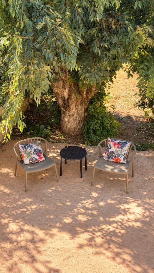Espace de détente en plein air à l'Hôtel Thalassa à Cargèse avec deux chaises à l'ombre d'un arbre