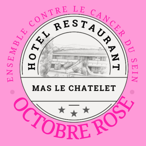Logo de l'hôtel-restaurant Mas le Châtelet avec illustration du bâtiment et trois étoiles, Saint-Paul-de-Fenouillet
