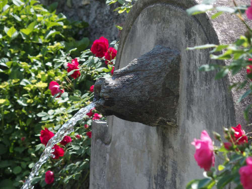 Fontana in pietra circondata da rose rosse vivaci nel giardino di Roseto del Drago, Ponte in Valtellina