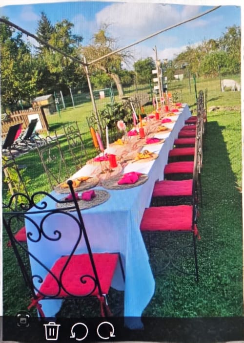Outdoor garden dining setup at Chez Mariebel' cottage in Ottonville with blue tablecloth, red cushioned chairs, and place