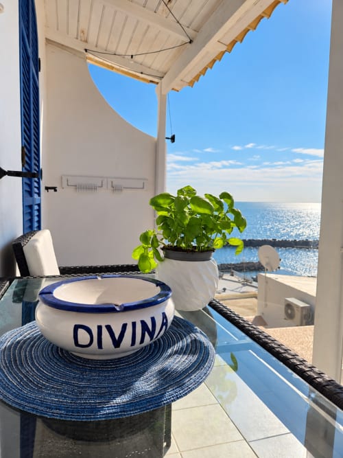 Terrazza vista mare con ciotola 'DIVINA', pianta in vaso e splendida veduta sul mare a Chiaia di Rose a Ischia