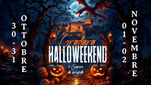 Poster evento Halloween Gradara con castello, zucche intagliate e drago in ambientazione dark fantasy