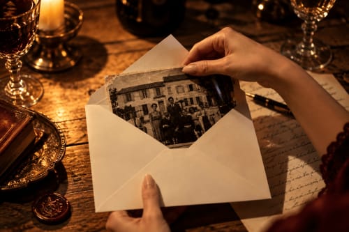 Main ouvrant une enveloppe avec photo vintage au Mas Petit Prince, Arles, France