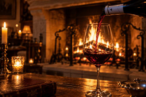 Du vin rouge versé dans un verre élégant au Mas Petit Prince à Arles, ambiance de cheminée et lumière de bougie