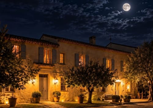 Mas Petit Prince, gîte d'Arles illuminé la nuit sous la pleine lune avec un éclairage chaleureux