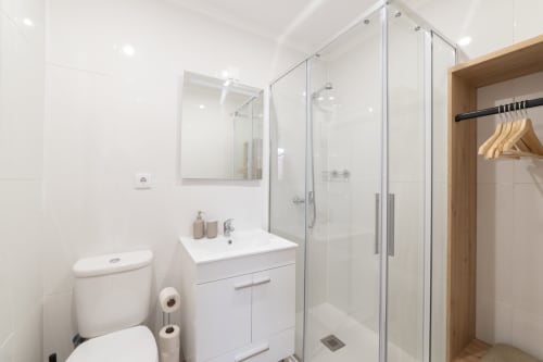 Modern bathroom in Lisbon Central Apartments hostel with white sink, toilet, glass shower enclosure, and wooden wardrobe.