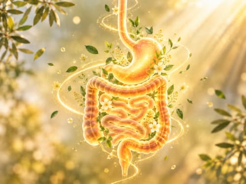 Glowing digestive system illustration with herbs, Jardin Sakina wellness wellness concept, Marrakech