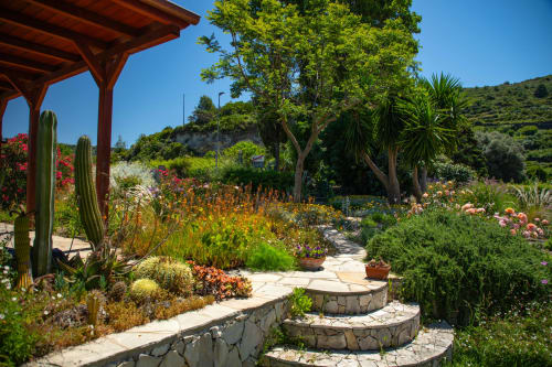 Giardino della villa Modolo con cactus, fiori colorati, pergolato in legno e vista sul paesaggio collinare sotto cielo azzurro