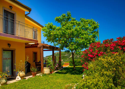 Villa giallo brillante a Modolo con buganvillea rossa, albero verde e giardino curato affacciato sulla campagna sarda