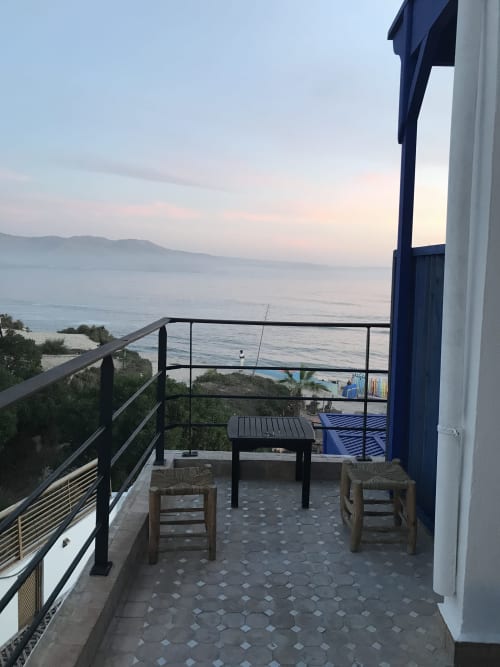 Tiguemi room balcony at Imsouane Surf Paradise with sea view, Agadir Morocco at sunset
