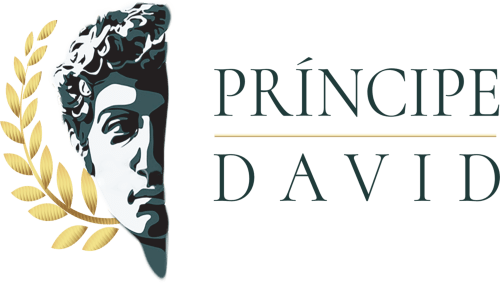 Logo del hotel Príncipe David con busto clásico de piedra y corona de laurel dorado, Toledo