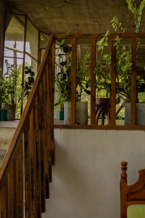 Escalera de madera y exuberante vista del jardín en habitación tradicional del hostal Cayuco Maya, Bacalar México