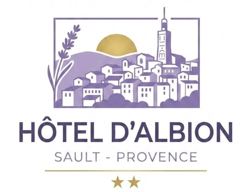 Logo Hôtel d'Albion : scène stylisée du village de Sault en Provence avec champs de lavande, bâtiments et clocher