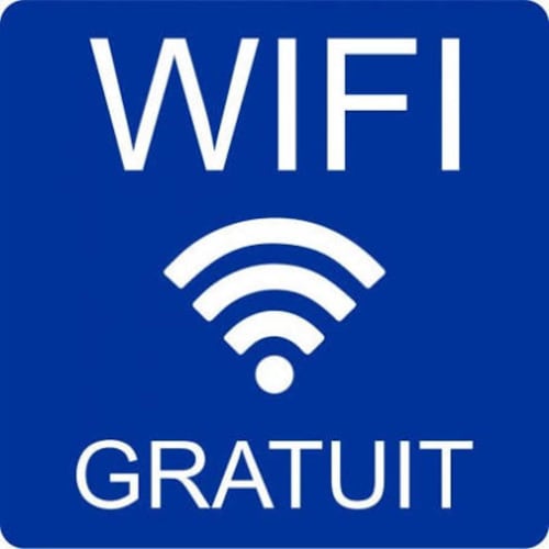 Cartello WiFi gratuito per l'Hôtel d'Albion a Sault, Francia con sfondo blu e icona di segnale wireless bianca