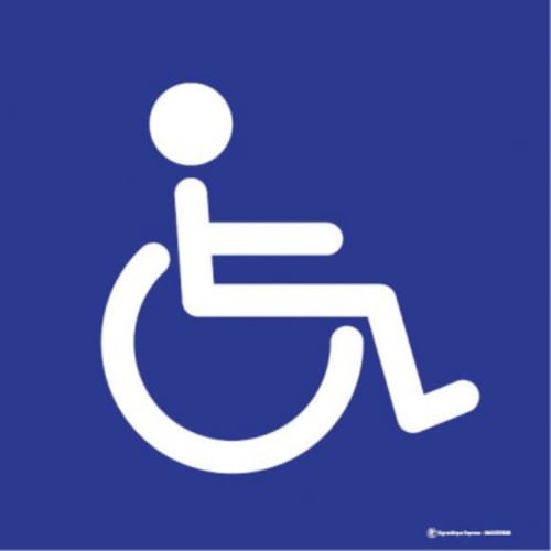Simbolo di accessibilità per sedie a rotelle in bianco su sfondo blu all'Hôtel d'Albion, Sault