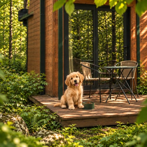 Golden Retriever avec sa gamelle sur la terrasse en bois des Lodges de Vaugrigneuse, entouré de verdure luxuriante et d'architecture moderne