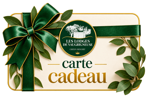 Carte cadeau Les Lodges de Vaugrigneuse avec nœud vert et motifs de feuillage
