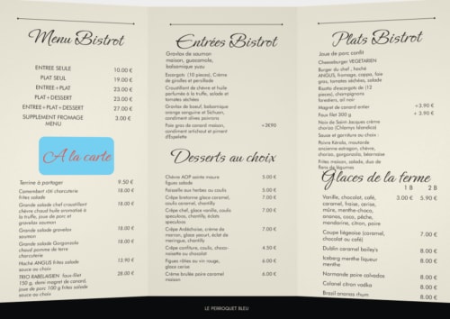 Menu du restaurant Le Perroquet Bleu : plats bistro, entrées, desserts et boissons à La Chapelle-Blanche-Saint-Martin