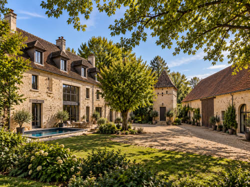 Luxurious stone courtyard with pool at Vindihouses B&B in Epinac, France
