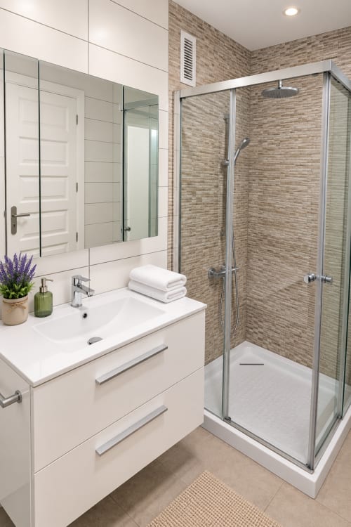 Modern bathroom in Manage Home Tenerife apartment with white vanity, mirror, and walk-in shower with brick tiling