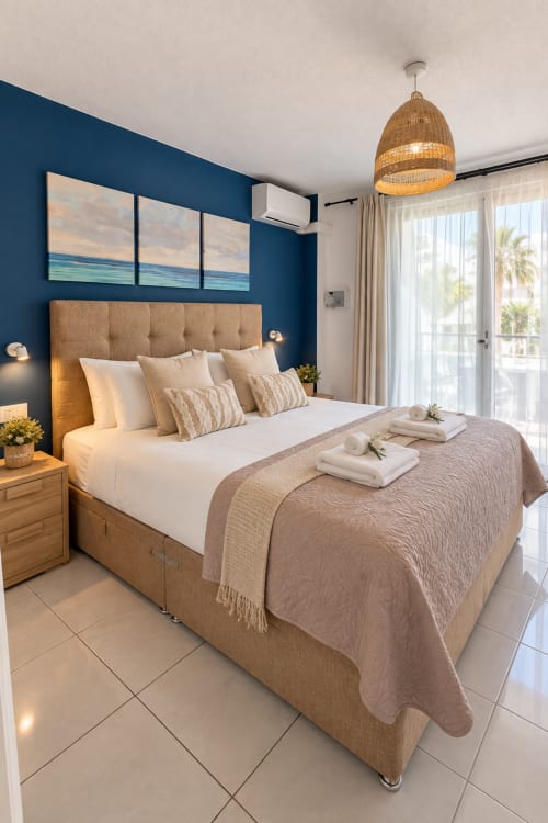 Elegance bedroom in Manage Home Tenerife apartment with blue walls, tan headboard, ocean view artwork, and balcony