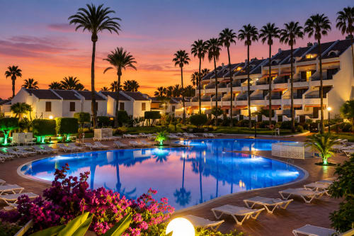 Illuminated resort pool at twilight with palm trees and white villas in Playa de las Américas, Tenerife