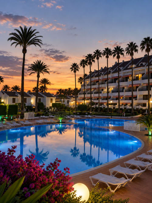 Illuminated pool at dusk, palm trees, floral gardens, and apartment buildings at Manage Home Tenerife, Playa de las Américas